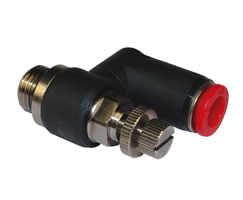 Pneufit C flow regulator (out), swivel banjo, elbow, M5, 4mm