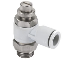 Pneufit E flow regulator (out), banjo, elbow, G1/4, 6mm