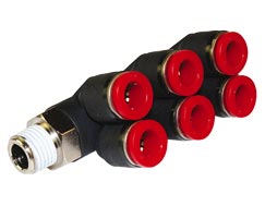 Pneufit C geçmeli bağlantı parçası, 3x branşman adaptörü, dirsek, R1/8, 6mm