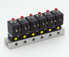 MD/49 serisi doğrudan etkili solenoid valf manifoldu, G1/8, 3/2, NC, solenoid yaylı valfler, 6 istasyon