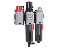 Excelon Plus filtre/regülatör ve yağlayıcı kombinasyon ünitesi, G3/8, manuel tahliye, kapatma vanasız, gösterge ve braketlerle birlikte