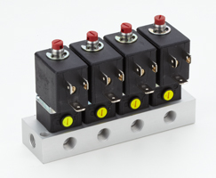 MD/49 serisi doğrudan etkili solenoid valf manifoldu, G1/8, 3/2, NC, solenoid yaylı valfler, 4 istasyon