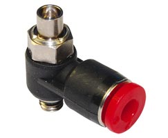 Pneufit C flow regulator (out), shrouded banjo, elbow, M5, 6mm