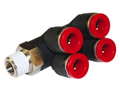 Pneufit C geçmeli bağlantı parçası, 2x branşman adaptörü, dirsek, R3/8, 12 mm