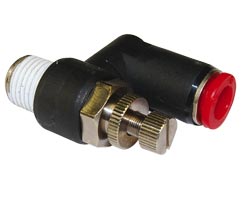 Pneufit C flow regulator (out), swivel banjo, elbow, R1/4, 10mm