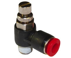 Pneufit C flow regulator (in), banjo, elbow, R1/4, 8mm