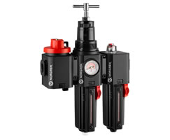 Aşırı sıcaklık uygulamaları için Excelon Plus filtre/regülatör ve yağlayıcı kombinasyon ünitesi, G3/8, manuel tahliye, kapatma vanası, gösterge ve braketlerle birlikte