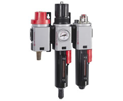 Excelon Plus filtre/regülatör ve yağlayıcı kombinasyon ünitesi, G1/4, otomatik tahliye, kapatma vanası, gösterge ve braketlerle birlikte